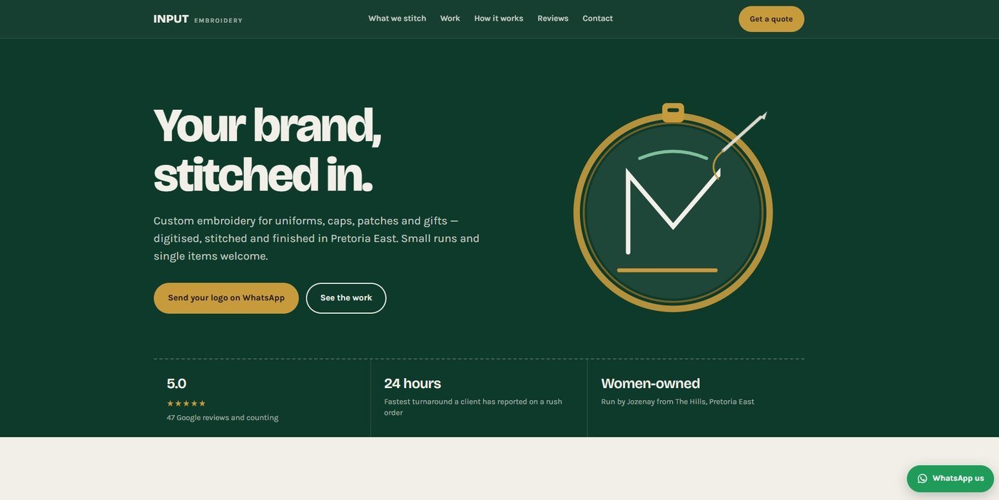 Input Embroidery website homepage