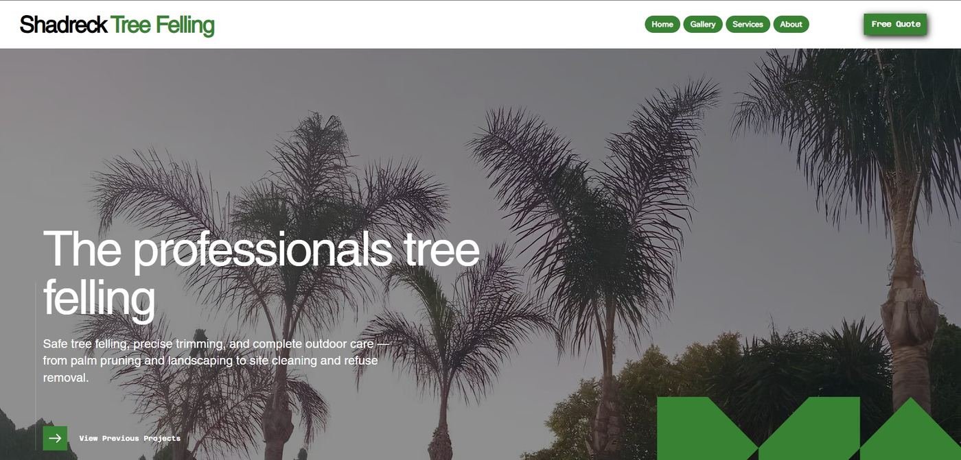 Shadreck Tree Felling website homepage