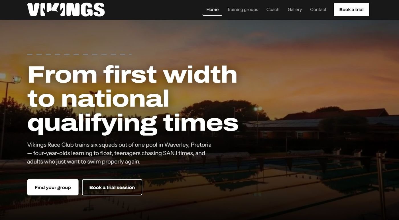 Vikings Race Club swimming website homepage